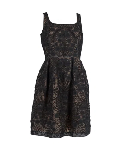 OSCAR DE LA RENTA SCOOP NECK EMBROIDERED OVERLAY DRESS IN BLACK SILK