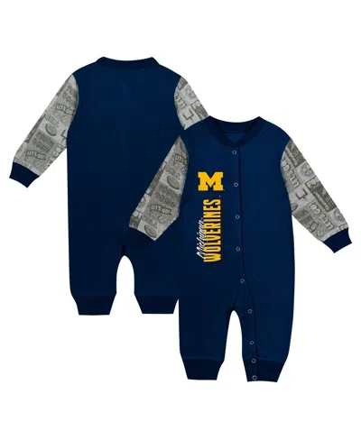 OUTERSTUFF BIG BOYS AND GIRLS NAVY MICHIGAN WOLVERINES PLAYBOOK COLORBLOCK LONG SLEEVE COVERALLS