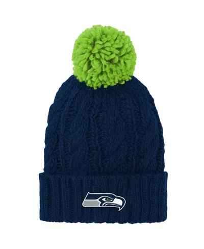 OUTERSTUFF BIG GIRLS COLLEGE NAVY SEATTLE SEAHAWKS CABLE CUFFED KNIT HAT WITH POM