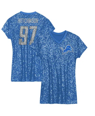 OUTERSTUFF BIG GIRLSÂ AIDAN HUTCHINSON BLUE DETROIT LIONS SEQUIN PLAYER NAME NUMBER V-NECK DRESS