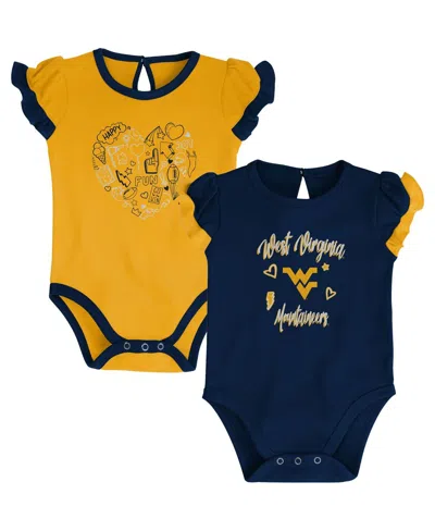 OUTERSTUFF GIRLS NEWBORN AND INFANT NAVY, GOLD WEST VIRGINIA MOUNTAINEERS TOO MUCH LOVE TWO-PIECE BODYSUIT SET