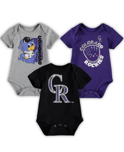 OUTERSTUFF INFANT BOYS AND GIRLS BLACK, HEATHERED GRAY, PURPLE COLORADO ROCKIES CHANGE UP 3-PACK BODYSUIT SET