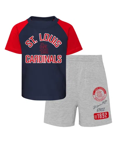OUTERSTUFF INFANT BOYS AND GIRLS NAVY, HEATHER GRAY ST. LOUIS CARDINALS GROUND OUT BALLER RAGLAN T-SHIRT AND SH