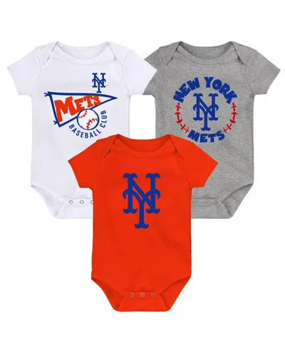 OUTERSTUFF INFANT BOYS AND GIRLS ORANGE, WHITE, HEATHER GRAY NEW YORK METS BIGGEST LITTLE FAN 3-PACK BODYSUIT S