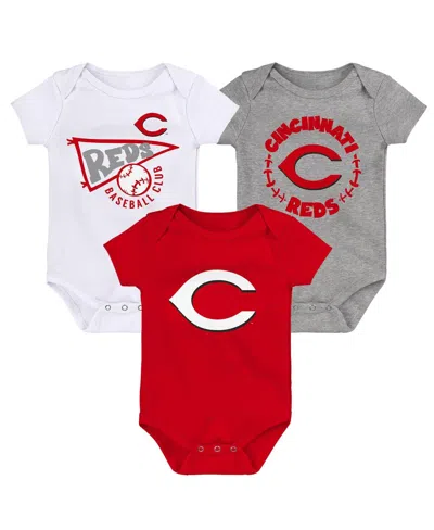 OUTERSTUFF INFANT BOYS AND GIRLS RED, WHITE, HEATHER GRAY CINCINNATI REDS BIGGEST LITTLE FAN 3-PACK BODYSUIT SE