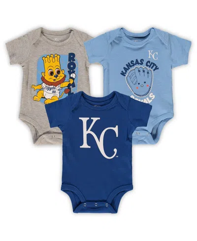 OUTERSTUFF INFANT BOYS AND GIRLS ROYAL, LIGHT BLUE, HEATHERED GRAY KANSAS CITY ROYALS 3-PACK CHANGE UP BODYSUIT