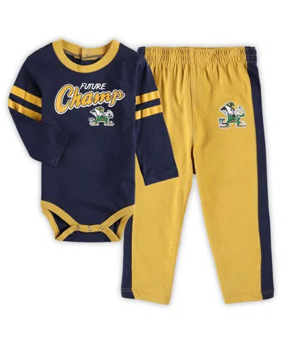 OUTERSTUFF NEWBORN AND INFANT BOYS AND GIRLS NAVY, GOLD NOTRE DAME FIGHTING IRISH LITTLE KICKER LONG SLEEVE BOD