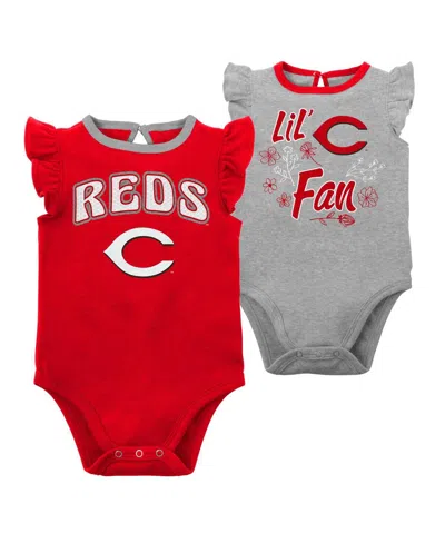 OUTERSTUFF NEWBORN AND INFANT BOYS AND GIRLS RED, HEATHER GRAY CINCINNATI REDS LITTLE FAN TWO-PACK BODYSUIT SET