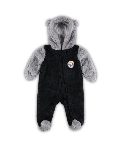 OUTERSTUFF NEWBORN INFANT BOYS AND GIRLS BLACK, GRAY PITTSBURGH STEELERS GAME NAP TEDDY FLEECE BUNTING FULL-ZIP