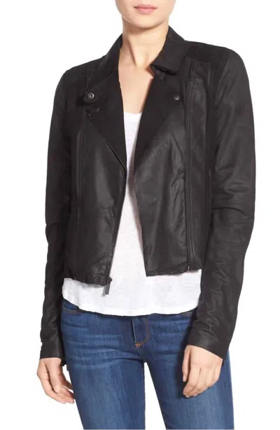 PAIGE SILVIE CROPPED TRIM SUEDE LEATHER MOTO JACKET IN BLACK