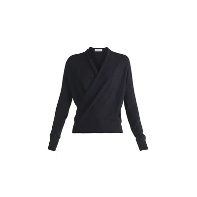 PAISIE WOMEN'S BLUE LONG SLEEVE KNITTED WRAP TOP IN NAVY