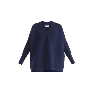 PAISIE WOMEN'S BLUE PAISIE V-NECK RIBBED JUMPER IN NAVY