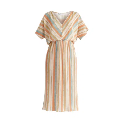 PAISIE WOMEN'S TWO-WAY PLISSE DRESS IN WHITE, BLUE, ORANGE AND GOLD