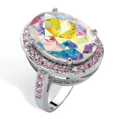 PALM BEACH JEWELRY 13.57 TCW AURORA BOREALIS & PINK CUBIC ZIRCONIA CZ RING IN SLVERTONE