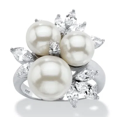 PALM BEACH JEWELRY 1.84 TCW SIMULATED PEARL AND CZ PLATINUM-PLATED STERLING SILVER COCKTAIL RING