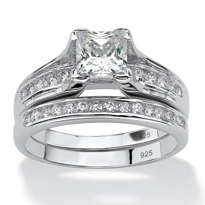 PALM BEACH JEWELRY 1.88 TCW PRINCESS-CUT CZ PLATINUM-PLATED STERLING SILVER 2-PIECE BRIDAL RING SET