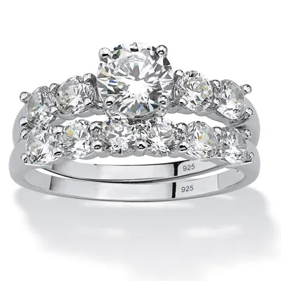 PALM BEACH JEWELRY 2.50 TCW CUBIC ZIRCONIA PLATINUM-PLATED STERLING SILVER WEDDING BAND SET