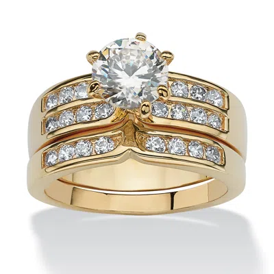 PALM BEACH JEWELRY 2.89 TCW 2 PIECE ROUND CUBIC ZIRCONIA BRIDAL RING SET IN YELLOW GOLDTONE