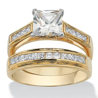 PALM BEACH JEWELRY 2.92 TCW PRINCESS-CUT CUBIC ZIRCONIA YELLOW GOLD-PLATED WEDDING BAND SET