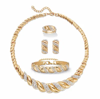 PALM BEACH JEWELRY CRYSTAL GOLDTONE S LINK NECKLACE, EARRING & BRACELET BONUS RING SET 19"-21"