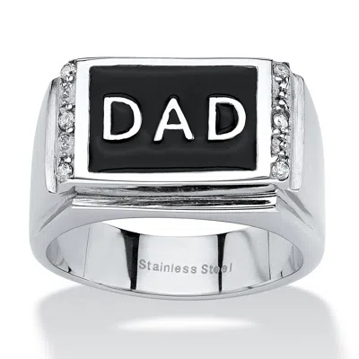 PALM BEACH JEWELRY MEN'S ROUND CRYSTAL "DAD" RING IN STAINLESS STEEL & BLACK ENAMEL