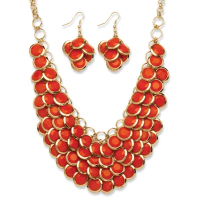 PALM BEACH JEWELRY ORANGE BIB NECKLACE AND CLUSTER EARRINGS SET IN YELLOW GOLDTONE