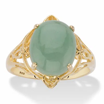 PALM BEACH JEWELRY OVAL GENUINE GREEN JADE 14K GOLD-PLATED STERLING SILVER SCROLLED CABOCHON RING