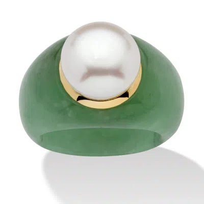 PALM BEACH JEWELRY ROUND CULTURED FRESHWATER PEARL GREEN JADE 10K YELLOW GOLD RING