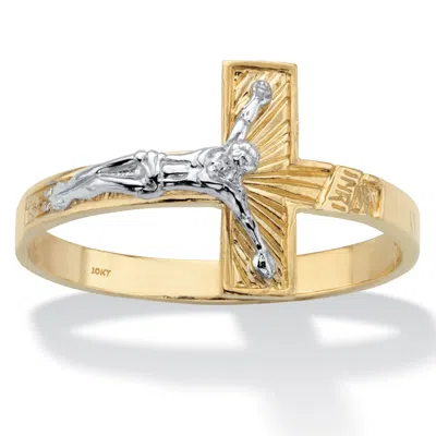 PALM BEACH JEWELRY TWO-TONE TEXTURED SOLID 10K YELLOW AND WHITE GOLD HORIZONTAL CRUCIFIX RING