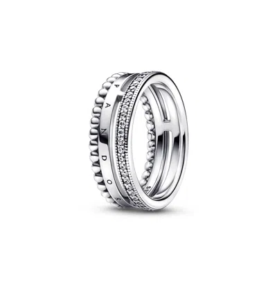 PANDORA STERLING SILVER SIGNATURE LOGO PAVE AND BEADS RING