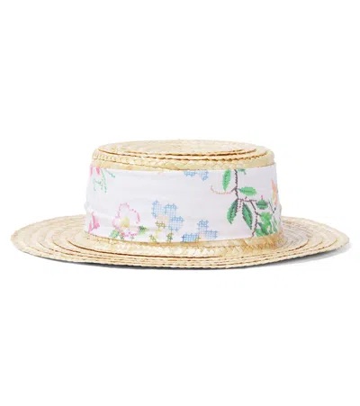 PATACHOU FLORAL COTTON-TRIMMED STRAW SUN HAT
