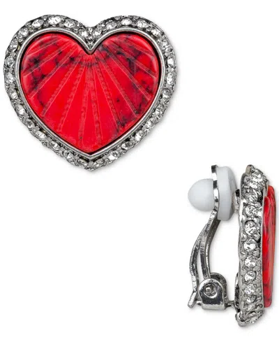 PATRICIA NASH GOLD-TONE PAVE-FRAMED TEXTURED COLORED STONE HEART CLIP-ON BUTTON EARRINGS