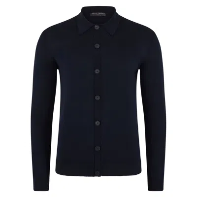 PAUL JAMES KNITWEAR BLUE MENS EXTRA FINE MERINO WOOL CASSIUS POLO CARDIGAN - NAVY