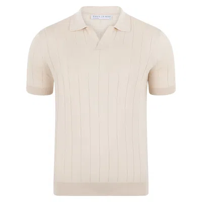 PAUL JAMES KNITWEAR NEUTRALS MENS ULTRA FINE COTTON RILEY SELECTION KNIT BUTTONLESS POLO SHIRT - ECRU
