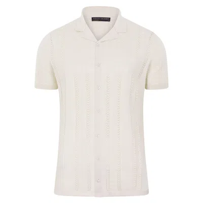 PAUL JAMES KNITWEAR WHITE MENS ULTRA FINE COTTON SANTIAGO OPEN KNIT CUBAN COLLAR SHIRT - ECRU