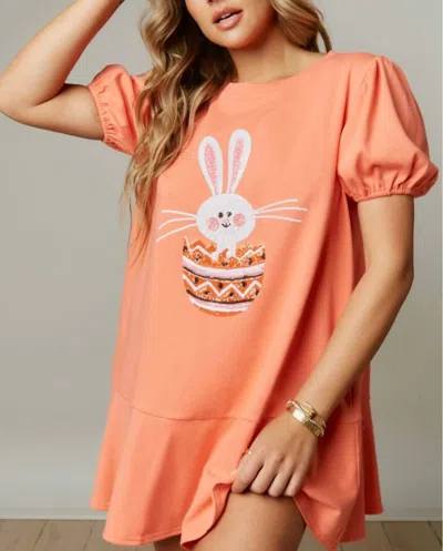 PEACH LOVE BUNNY SHORT SLEEVE MINI DRESS IN ORANGE