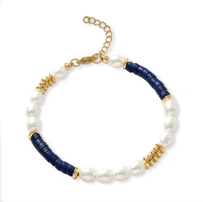 PEARLS OF THE ORIENT ONLINE WOMEN'S BLUE / WHITE NOVA OVAL CULTURED FRESHWATER PEARL BRACELET WITH LAPIS & GOLD BEADS