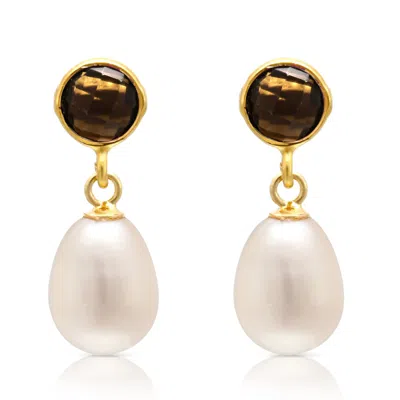 PEARLS OF THE ORIENT ONLINE WOMEN'S BROWN / WHITE CLARA SMOKEY QUARTZ & CULTURED FRESHWATER PEARL DROP EARRINGS