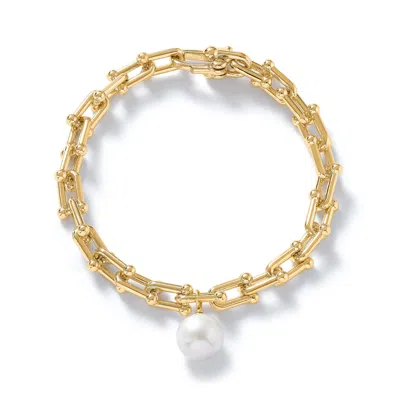 PEARLS OF THE ORIENT ONLINE WOMEN'S GOLD / WHITE DECUS CULTURED FRESHWATER PEARL DROP ON CHUNKY GOLD CHAIN BRACELET
