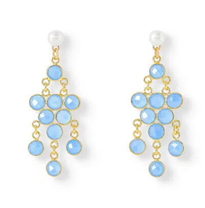 PEARLS OF THE ORIENT ONLINE WOMEN'S WHITE / BLUE CLARA CULTURED FRESHWATER PEARL EARRINGS & BLUE CHALCEDONY CHANDELIER EARRINGS