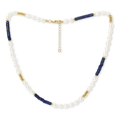 PEARLS OF THE ORIENT ONLINE WOMEN'S WHITE / BLUE NOVA OVAL CULTURED FRESHWATER PEARL NECKLACE WITH LAPIS & GOLD BEADS