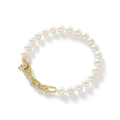 PEARLS OF THE ORIENT ONLINE WOMEN'S WHITE GRATIA CULTURED FRESHWATER PEARL BRACELET WITH CHUNKY GOLD FILL CHAIN FEATURE