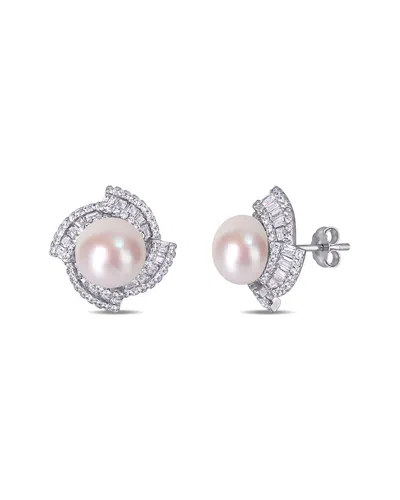 PEARLS SILVER 9.5-10MM FRESHWATER PEARL & CZ EARRINGS