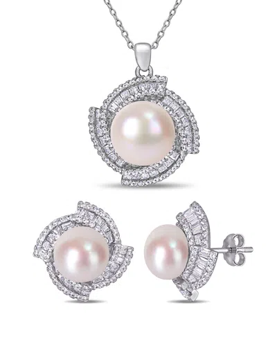 PEARLS SILVER 9.5-12MM FRESHWATER PEARL & CZ EARRINGS & PENDANT NECKLACE SET