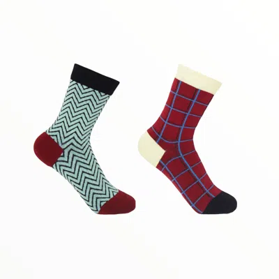 PEPER HAROW - MADE IN ENGLAND BLACK ZIGZAG & BURGUNDY GRID WOMEN'S SOCKS TWO PACK