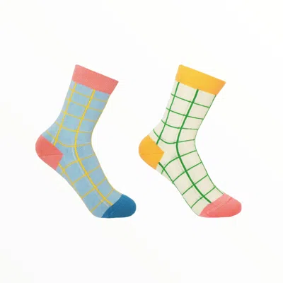 PEPER HAROW - MADE IN ENGLAND BLUE & CREAM GRID WOMEN'S SOCKS TWO PACK