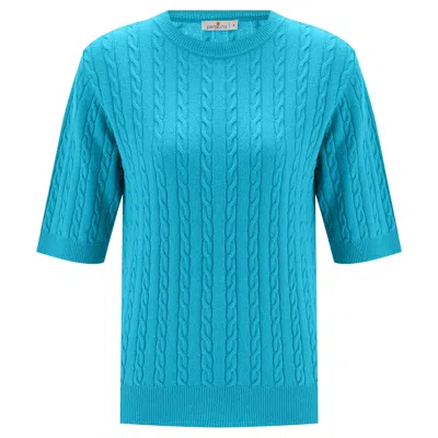 PERALUNA WOMEN'S BLUE NICOLE CABLE KNIT CASHMERE BLEND SHORT SLEEVE BLOUSE - TURQUOISE