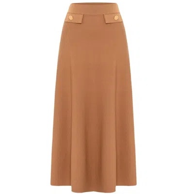 PERALUNA WOMEN'S BROWN VIVIEN MIDI FLARED KNIT SKIRT IN CAMEL