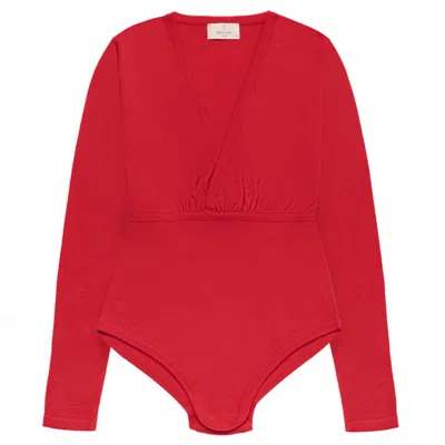 PERALUNA WOMEN'S DEVON V-NECK KNIT SNAP-CLOSURE BODYSUIT IN RED