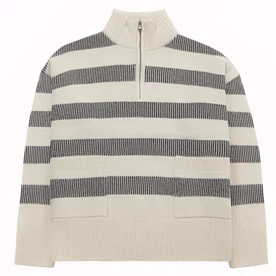PERALUNA WOMEN'S GREY / WHITE MISTY SWEATER HIGH-NECK ZIPPED STRIPED JUMPER IN ECRU/GREY